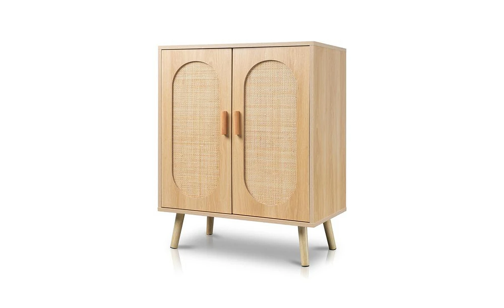 Modern Rattan Shoe Storage Cabinet with Double Doors and Adjustable Shelves