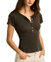 Lucky Brand Women's Cotton Crochet-Trim Short-Sleeve Henley Top