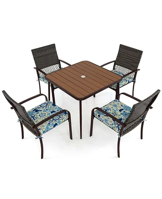 5 Pcs Patio Dining Set with Wood-Plastic Tabletop & Umbrella Hole for Backyard