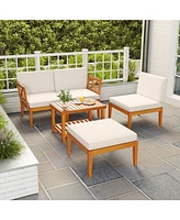 Gymax 5 Pcs Acacia Wood Patio Furniture Set w/ 2-Tier Coffee Table and Cushions