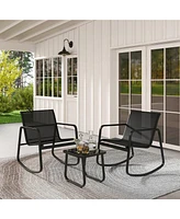 Gymax 3 Piece Rocking Bistro Set Patio Furniture Set w/ 2 Rocking Chairs & Glass-Top Coffee Table