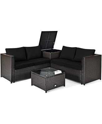 4 Pieces Outdoor Patio Rattan Furniture Set with Loveseat and Storage Box