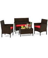 4 Piece Patio Rattan Conversation Set with Cozy Seat Cushions