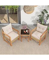 3 Pieces Patio Furniture Set with Acacia Wood Frame Cushions