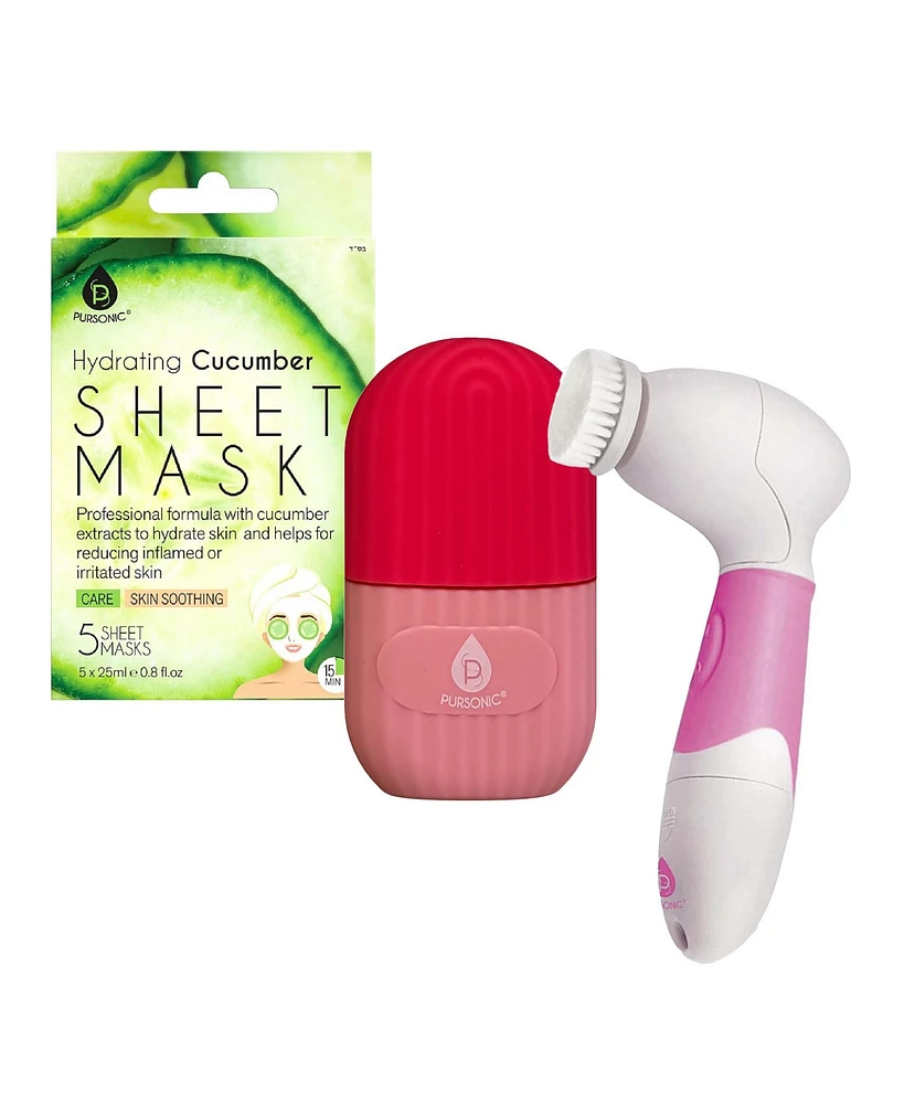 Pursonic De-Puff Skin Set Ice Cube Facial Roller, Hydrating Cucumber Sheet Masks & Advanced Cleansing Brush