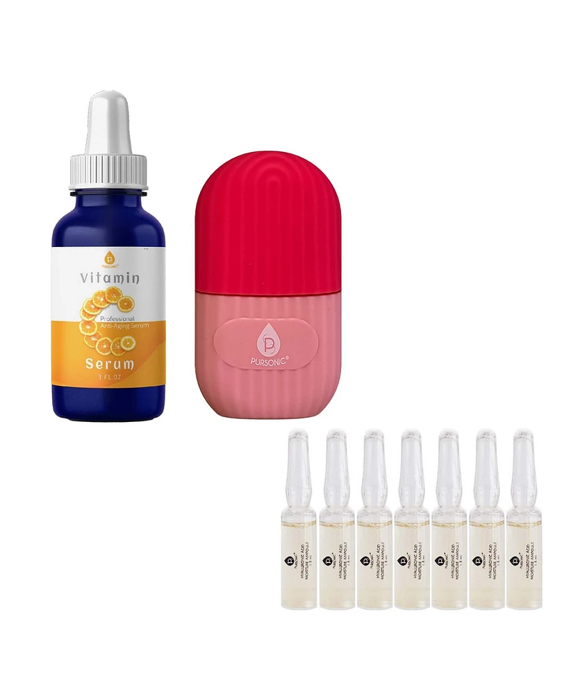 Pursonic Radiant Glow & Refresh Skincare Bundle: Ice Cube Facial Roller Massager + Vitamin C Serum + Hyaluronic Acid Ampoule Set