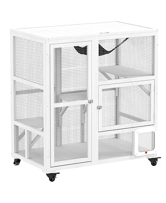 PawHut Indoor Cat Enclosure on Wheels, Cat House with Openable Top,