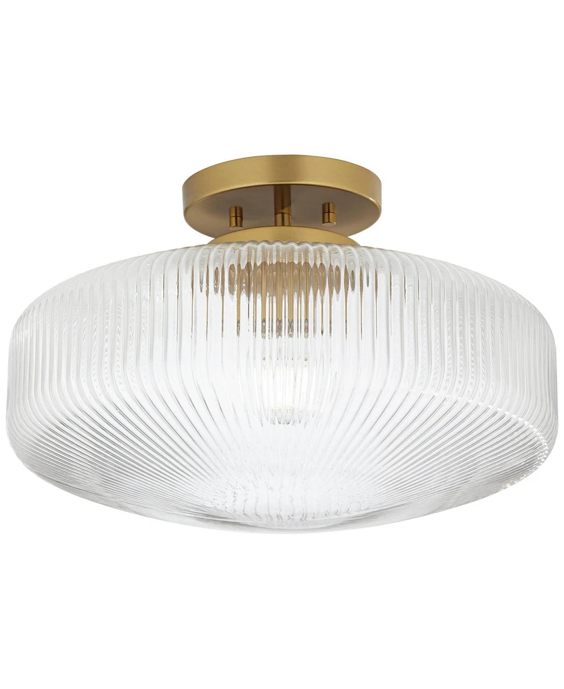 Brianna 16" Modern Semi Flush-Mount Ceiling Light Fixture Kitchen Foyer Hallway Round Warm Brass Finish Ribbed Glass Bedroom Bathroom Entryway Li
