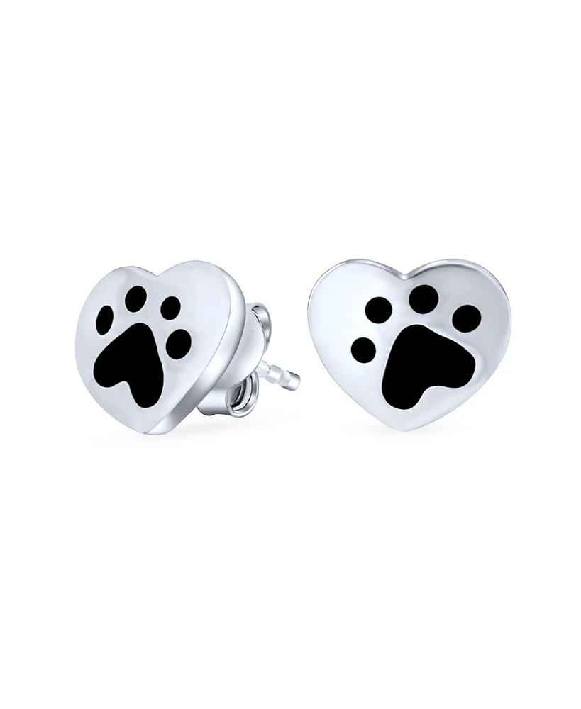 Bling Jewelry Black Enamel Heart Paw Print Stud Earrings for Pet Lovers in Sterling Silver