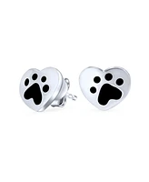 Bling Jewelry Black Enamel Heart Paw Print Stud Earrings for Pet Lovers in Sterling Silver