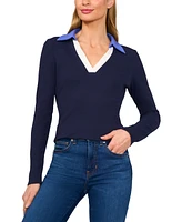 CeCe Women's Johnny-Collar Long-Sleeve Ribbed-Knit Top