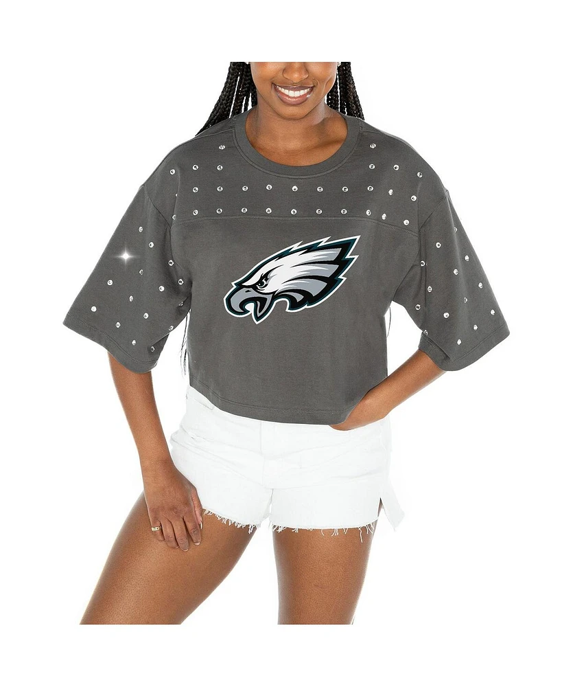 Gameday Couture Women's Gray Philadelphia Eagles All-Over Rhinestone Cropped Oversized T-Shirt