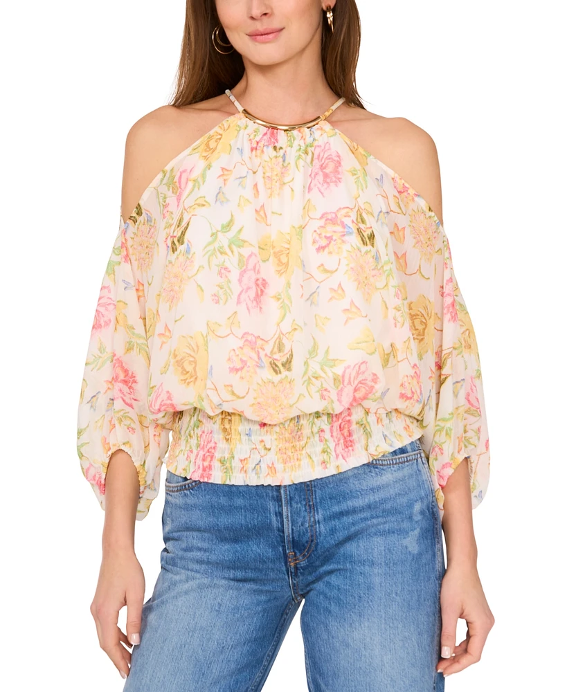 Sam & Jess Women's Printed Cold-Shoulder Smocked-Hem Top