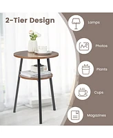 Set of 2 2-Tier Round End Tables with Open Shelf and Triangular Frame