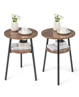 Set of 2 2-Tier Round End Tables with Open Shelf and Triangular Frame