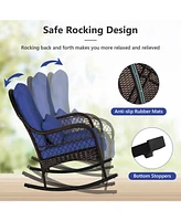 Patio Rattan Rocking Chair with Seat Back Cushions and Waist Pillow-Navy
