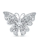 Bling Jewelry Large Crystal Filigree Butterfly Brooche Pin for Fashion Statement Silver Plated Brass