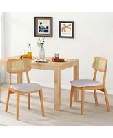 Wooden Rattan Dining Chair Set of 4 with Can Back Rubber Wood Frame Padded Seat