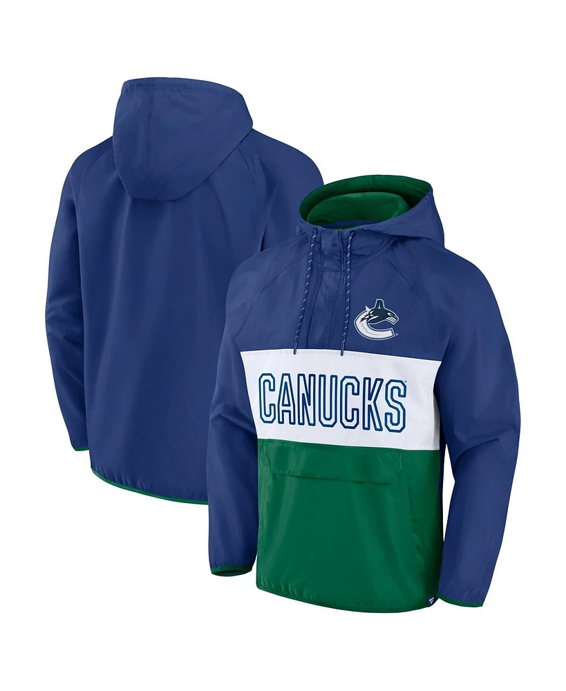 Fanatics Men's Blue/Green Vancouver Canucks Backhand Shooter Defender Anorak Raglan Hoodie Quarter-Zip Jacket