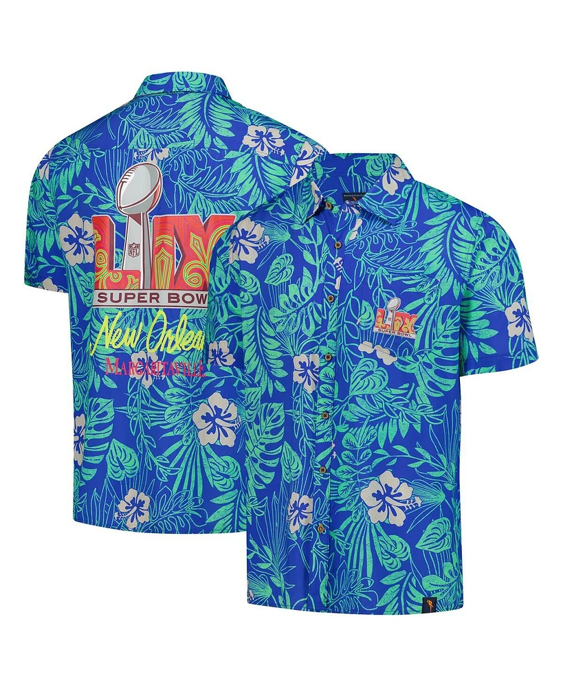 Margaritaville Men's Blue Super Bowl Lix Bourbon Street Party Button-Up Shirt