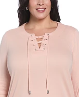 Rafaella Plus Size Lace Up 3/4 Sleeve Top