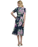 Dkny Women's Floral Tie-Waist Ruched-Sleeve Dress