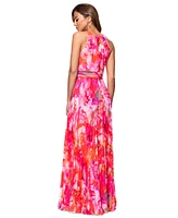 Xscape Women's Printed Pleated Sleeveless Halter-Neck Gown