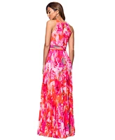 Xscape Women's Petite Floral-Print Pleated Halter Gown