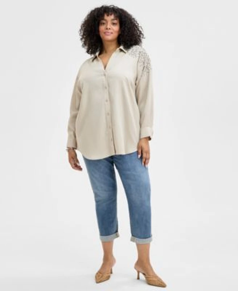 I.N.C. International Concepts Plus Size Embellished Button Top Slim Tech Rolled Cuff Boyfriend Jeans Exclusively At Macys
