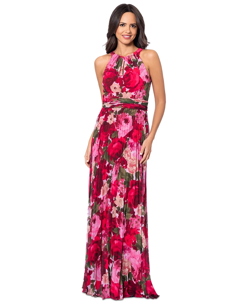 Xscape Women's Pleated Floral Chiffon Halter Dress