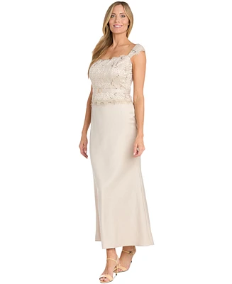 R & M Richards Women's Lace-Bodice Belted Gown