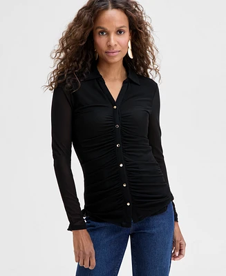I.n.c. International Concepts Women's Long-Sleeve Mesh Button Up Top, Exclusively at Macy's