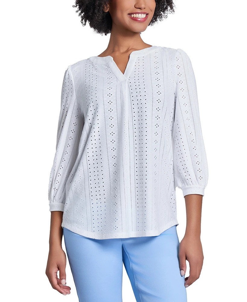 Jones New York Women's Split-Neck Multi Lattice Eyelet Knit Top