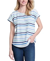 Jones New York Women's Striped Crewneck Cuffed-Sleeve Top