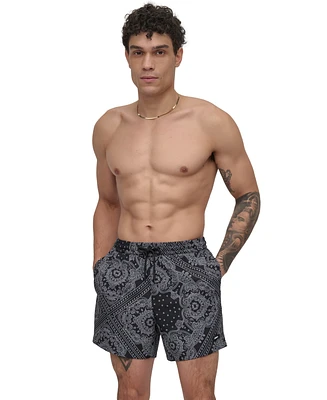 Dkny Men's Euro Black & White Bandana Print Performance 5" Volley Shorts