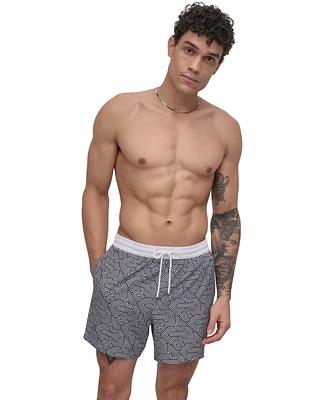 Dkny Men's Euro Black & White Bandana Print Performance 5" Volley Shorts
