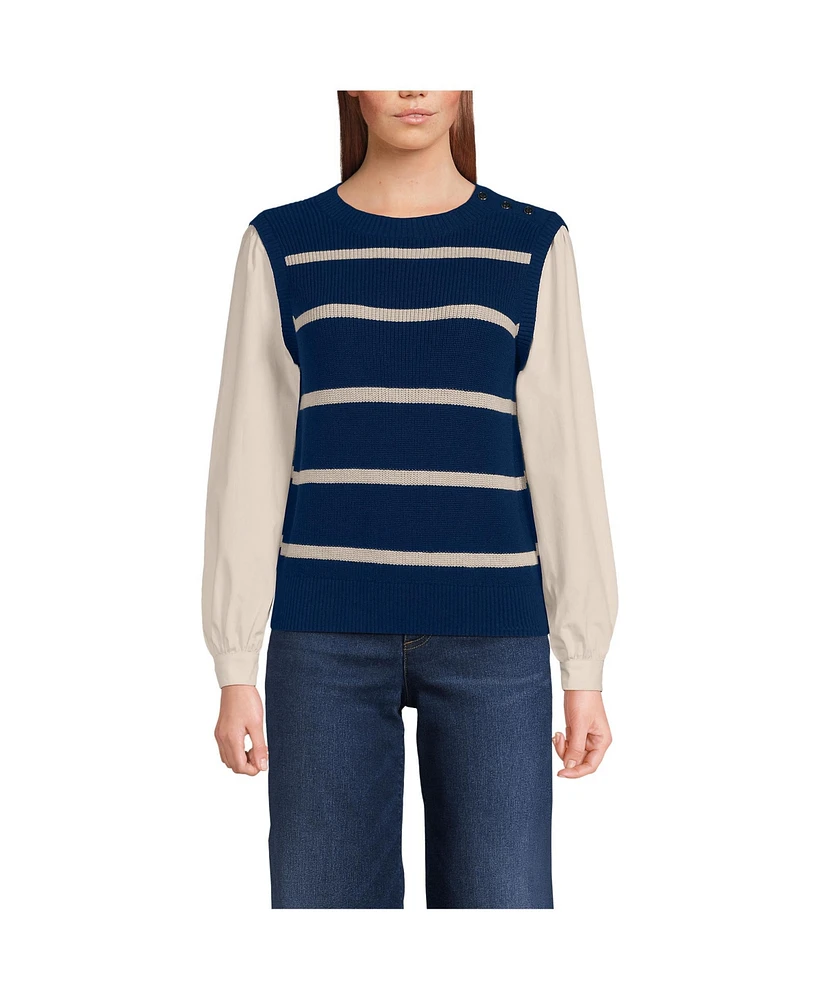 Lands' End Women's Drifter Shaker Button Shoulder Sweater Vest with Poplin Sleeves