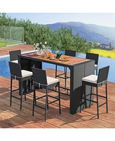 7 Pieces Patio Rattan Bar Set with Seat Cushions for Porch Yard Garden