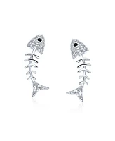 Bling Jewelry Nautical Beach Vacation Cz Stud Earrings Fishbone Design in Sterling Silver
