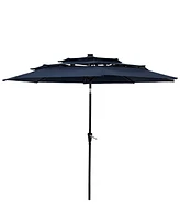 10 ft Outdoor Patio Umbrella with Tilt and Crank - 3-Tier Vented Outdoor Table Umbrella - Navy Blue - With Solar Lights