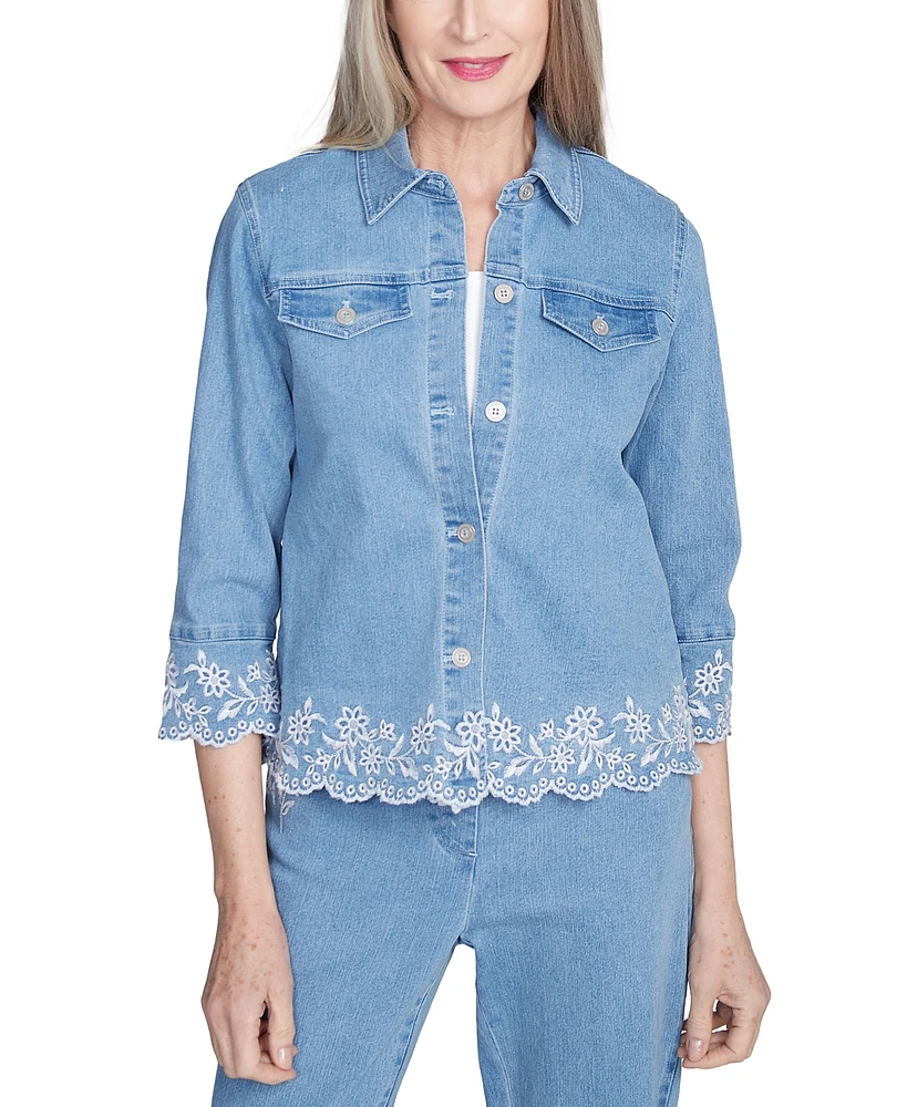 Alfred Dunner Petite Embroidered Scallop-Edge Denim Jacket