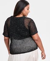 Bar Iii Trendy Plus Crochet Short-Sleeve Sweater, Exclusively at Macy's