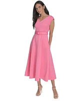 Calvin Klein Women's V-Neck Belted A-Line Scuba Dress