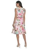 Calvin Klein Women's Floral Belted Jewel-Neck A-Line Dress