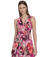 Calvin Klein Women's Floral-Print Faux-Wrap Sleeveless Dress