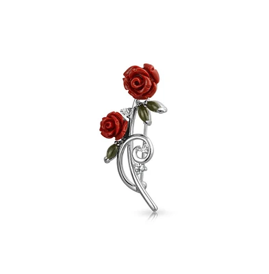 Bling Jewelry Elegant Brooche Pin Colorful Floral Bouquet with Red Roses and Cz Accents