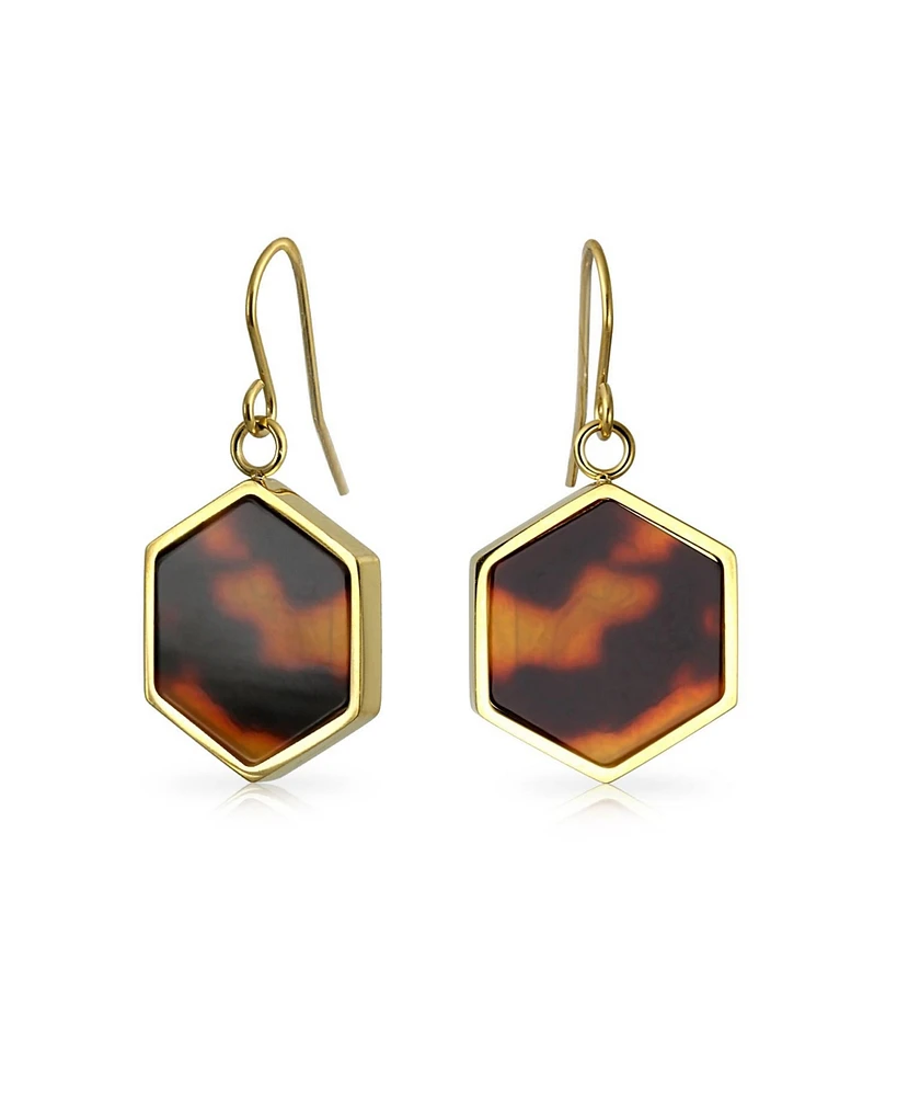 Bling Jewelry Hexagon Brown Tortoise Shell Dangle Earrings Gold Plated Stainless Steel