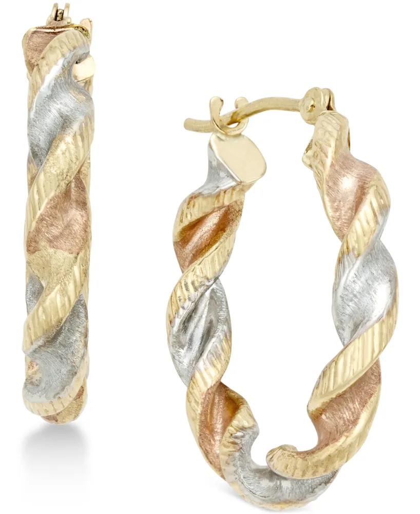 Satin Twist Hoop Earrings in 10k Tri-Tone Gold - Tri