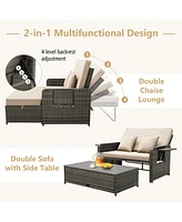 Patio Wicker Loveseat Sofa with Multipurpose Ottoman and Retractable Side Tray