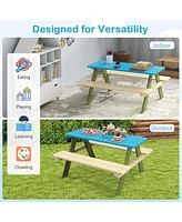 Kids Wooden Picnic Table Set Solid Dining Table with Built-in Benches for Patio